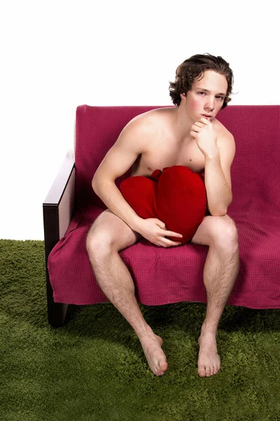 Valentine Day Young Sexy Guy Resting Sofa — Stock Photo, Image