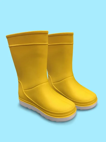 Yellow rubber boots on blue background. White sole — Stock Photo, Image