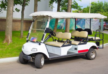 Çok koltuklu golf arabası. Parkta gezintiler için elektrikli araba. İnsan taşımacılığı.