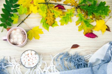 Kakao ve marşmelov. Sonbahar konsepti üst görünüm. Sıcak kakao ya da eski ahşap tahtaların üzerinde lokum olan sıcak çikolata. Kahve, kakao, sıcak çikolata, sonbahar yaprağı, rahat battaniye.