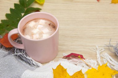 Sıcak kakao mu yoksa şekerli sıcak çikolata mı? Sarı yapraklar. Sonbahar yapraklarının arka planında lokum olan bir fincan sıcak çikolata.