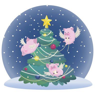 Christmas illüstrasyon. Komik pembe uçan domuz Noel ağacı süslemeleri.
