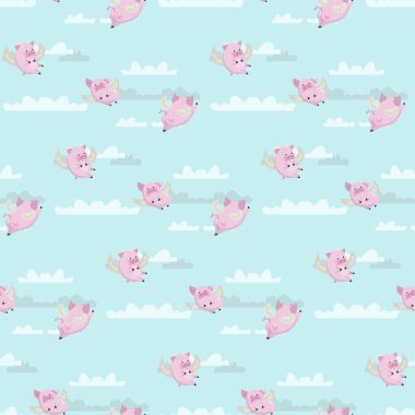 Komik pembe domuz gökyüzüne karşı uçan ile sorunsuz vektör desen