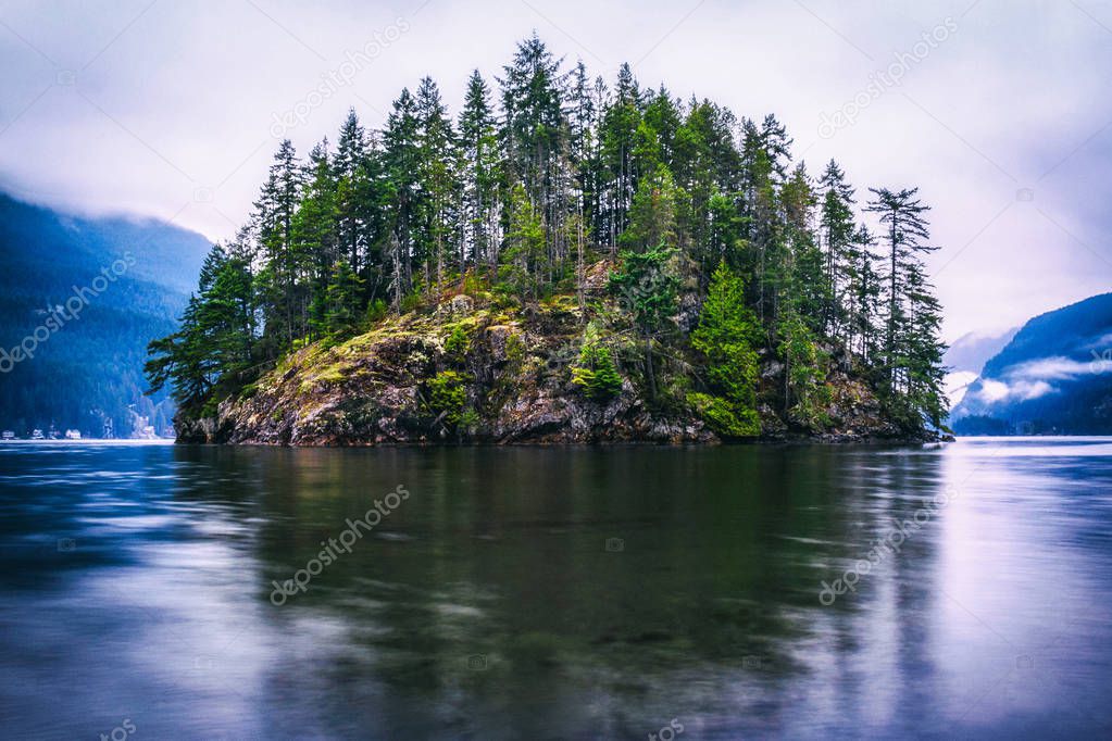 Evergreen Forest Island. Jug Island, Belcarra, British Columbia, Canada.