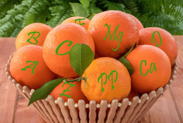 Fresh Orange Fruits Wooden Bowl Vitamin Mineral Names — Stock Photo, Image