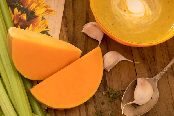 Pumpkin Carrot Soup Cream Parsley Dark Wooden Table Selery Garlick — Stock Photo, Image