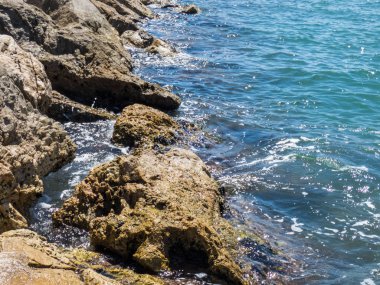 Deniz dalgaları isabet ve ortaya çıkan birkaç kahverengi taşlar üzerine sıçrama f
