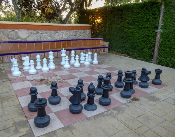 BIG chess in the park. Large chess game on ground in the camping