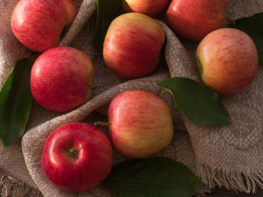 Masanın üzerinde bir tuval üzerinde kırmızı ve pembe renk Elmalar, yakın