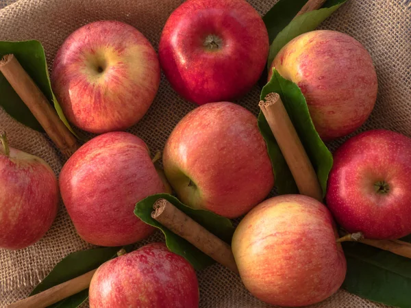 Apples of red and pink color with cinnamon sticks on a canvas on — Stock Photo, Image