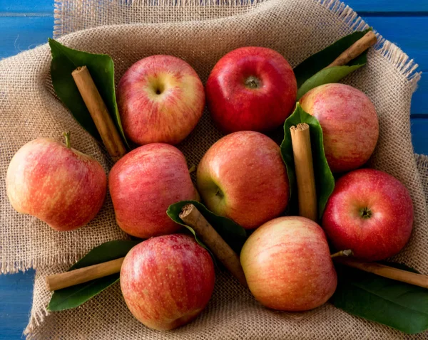 Apples of red and pink color with cinnamon sticks on a canvas on — Stock Photo, Image