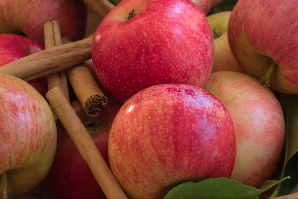 Äpfel von roter und rosa Farbe mit Zimtstangen aus nächster Nähe, hin und her — Stockfoto