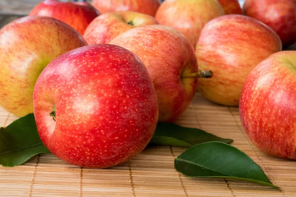 Red and pink apples with  green leaves  , close up — Stock Photo, Image