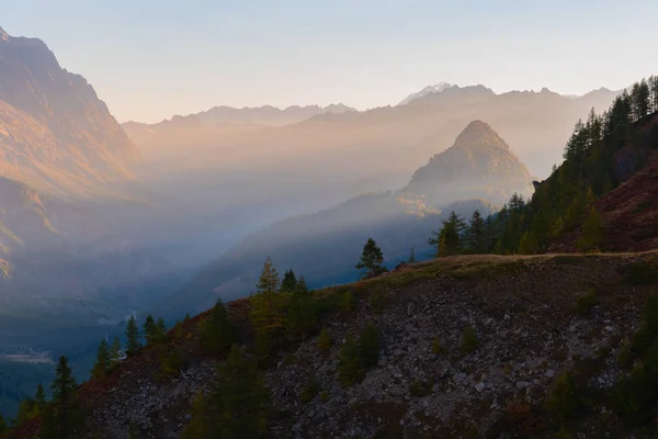 Güneş doğuyor aydınlatıcı çiğ fransız alps, Tur de Mont Blanc vadisinde