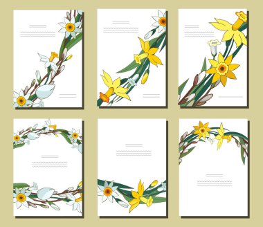 Beyaz sarı nergis ve söğüt demetleri ile çiçek bahar şablonları kümesi. Narcissus ve salix içeren kartlar. Romantik tasarım, duyurular, tebrik düğün kartları, posterler, reklam için.