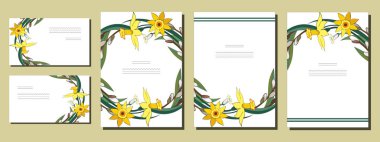 Sarı nergis ve söğüt demetleri ile çiçek bahar şablonları kümesi. Narcissus ve salix içeren kartlar. Romantik tasarım, duyurular, tebrik düğün kartları, posterler, reklam için.