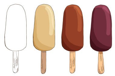 Vektör el çizilmiş dondurma seti. Eskimo pasta beyaz arka plan izole. Renkli ve Kontur Çizim Görüntüler. Yaz lineer tasarım. Bir paket çikolatalı dondurma. Buz lolly