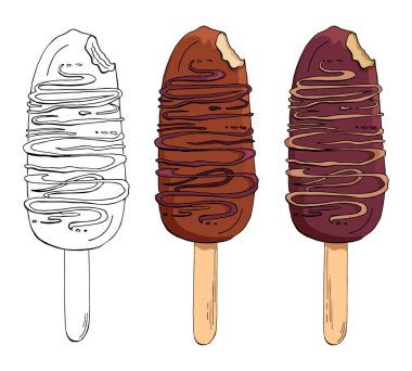 Vektör el çizilmiş çikolatalı dondurma seti. Eskimo pasta beyaz arka plan izole. Renkli ve Kontur Lu Görüntüler. Buz lolly. Buzlu kek. Haşlanmış yoğunlaştırılmış süt ile çikolata kaplı kek