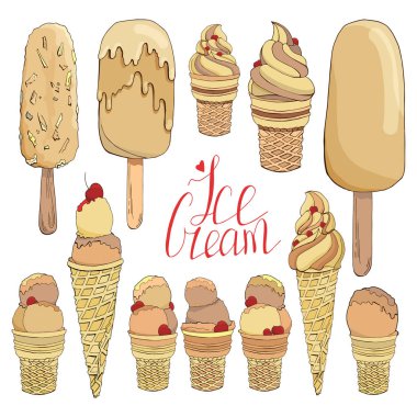 El yapımı dondurma seti. Etiketler, rozetler, çıkartmalar, simgeler için yalıtılmış vektör öğelerinin toplanması. Bar, kafe, menü, dondurma veya tatlı dükkanı için kullanılır. El yazısı yla yazılmış harfler. Beyaz sütlü çikolata.
