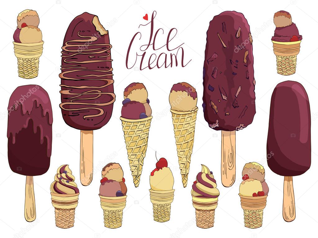 Set of hand drawn ice cream. Collection of isolated vector elements for labels, logos, badges, stickers, icons. Used for bar, cafe, menu, ice cream or sweet shop.Handwritten lettering. Dark chocolate.