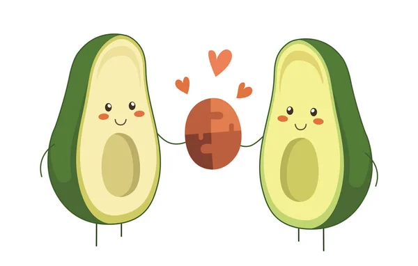Aşık avokado çifti. İki avokado yarıya çift bulmaca bağlayan bilmecenin iki adet tutuyor. Sevgililer günü vektör karikatür meyve karakter beyaz arka planda izole kalpler ile. Kawaii tarzı