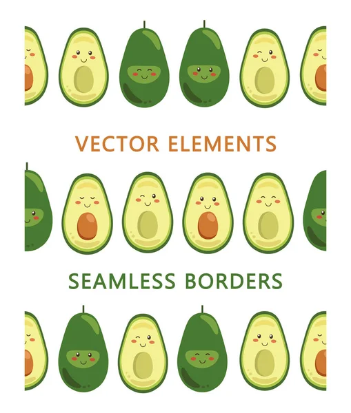 Sonsuz yatay fırçalar seti. Vektör gülümseyen avokado karakterleri beyaz bir arka planda izole kesintisiz sınır. Bütün ve çukur ile yarım avokado kesti. Kawaii tarzı