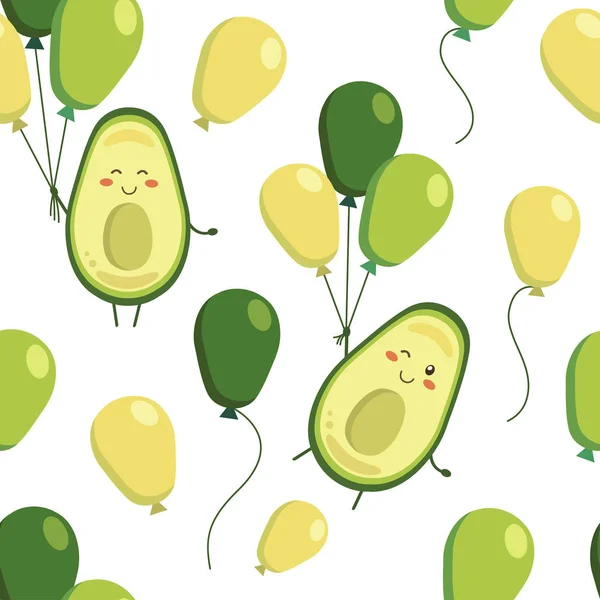 Patrón sin costuras vectorial con personajes sonrientes de aguacate y globos voladores de colores verdes amarillos. Textura interminable. Papel de envolver, estampado de tela textil. Camiseta de impresión positiva para niños — Vector de stock