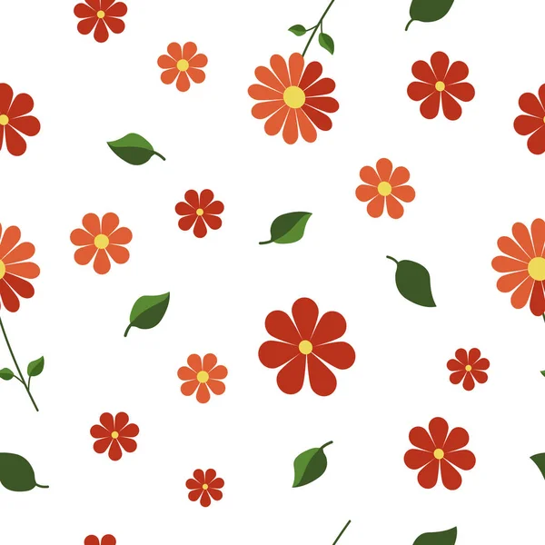 Patrón sin costura vectorial con flores rojas anaranjadas y hojas verdes aisladas sobre fondo blanco. Textura interminable. Papel de envolver, tela, cubiertas, fabricación, fondos de pantalla, impresión, envoltura de regalo — Vector de stock