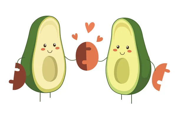 Isolierte Vektor-Illustration zweier verliebter Comic-Avocado-Helden, die die Avocado-Grube zusammenhalten. Valentinstag Vektor-Cartoon-Fruchtfigur mit Herzen für romantisches Design. perfekte Übereinstimmung — Stockvektor