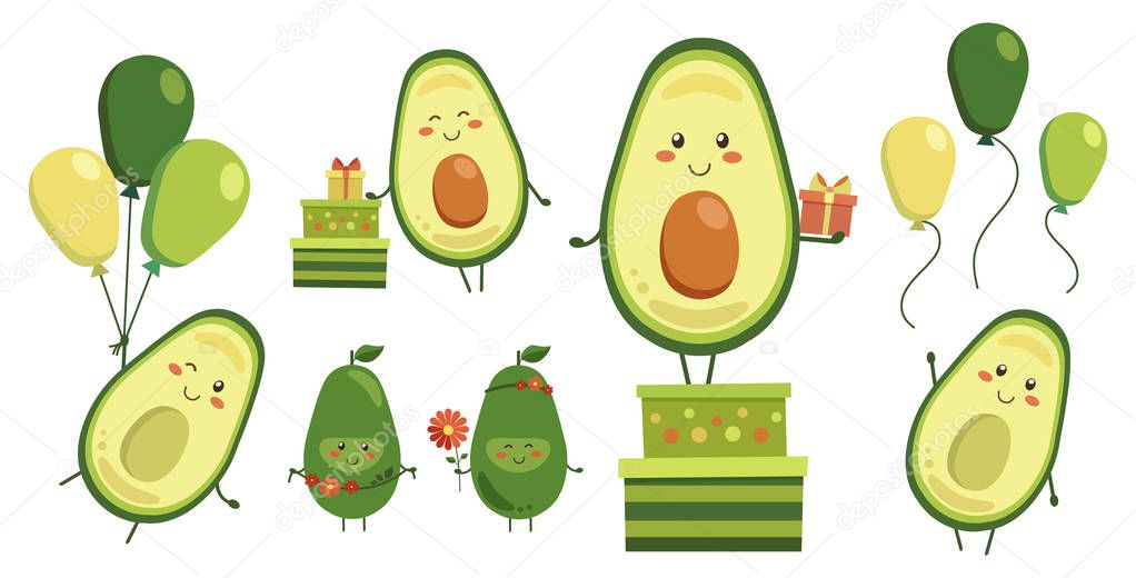 Diverse collection of vector cute smiling avocado heroes isolated on white. Set of fruit characters with flying yellow green balloons, gifts in boxes, and red flowers. Kawaii style