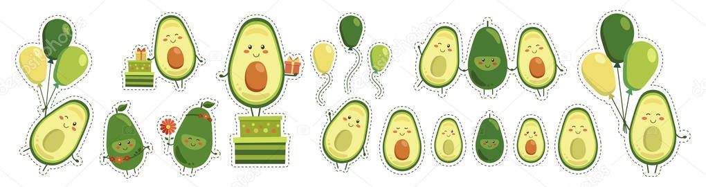 Big sticker set of vector cute smiling avocado heroes isolated on white background. Collection of fruit characters with flying yellow green balloons, gifts in boxes, and red flowers. Kawaii style.