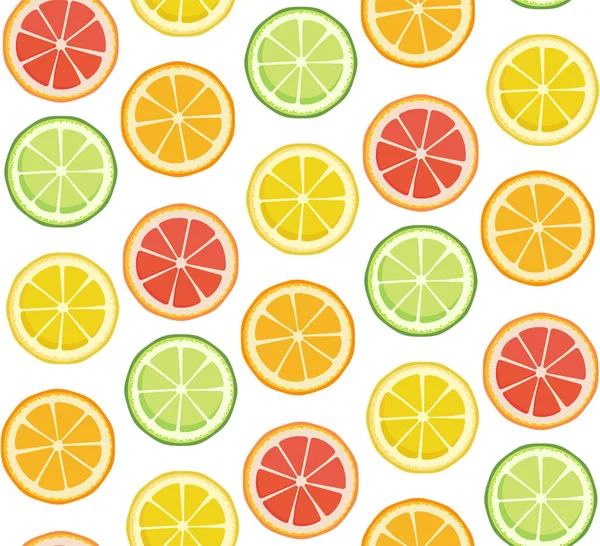 Fondo positivo de fruta brillante de verano en verde amarillo rojo naranja colores. Patrón sin costura vectorial. Textura interminable con rodajas de pomelo de limón y naranja aisladas sobre un fondo blanco . — Vector de stock