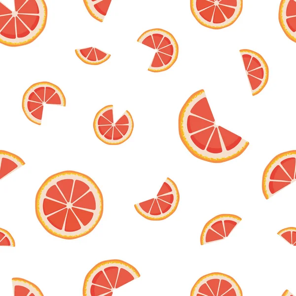 Padrão sem costura vetorial com fatias de toranja isoladas no fundo branco. Textura infinita. Decoração para café, bar, loja de frutas. Capa para planejador, notebook em cores brancas e vermelhas . — Vetor de Stock