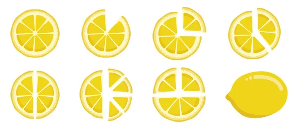 Vitamina C. Conjunto de elementos aislados vectoriales. Brillante fresco maduro jugoso entero y cortar limón y rodajas aisladas sobre fondo blanco. Clip art para su diseño — Vector de stock