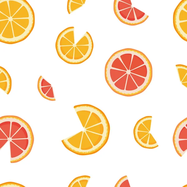Beyaz arka plan üzerinde izole turuncu ve greyfurt dilimleri ile Vektör dikişsiz desen. Kafe, bar, meyve dükkanı için sonsuz doku. Narenciye izi. Planlayıcı, not defteri için kapak. Sıcak pozitif renkler