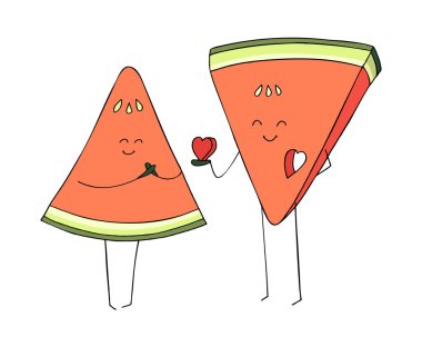 Vektör karikatür meyve kahramanları beyaz arka plan izole. Renkli el çizilmiş illüstrasyon. Karpuz çifti aşık. Kawaii tarzında kalp ile iki mutlu gülümseyen karpuz dilimleri. Sevgililer Günü.
