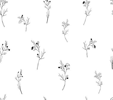 Beyaz arka plan üzerinde izole elle çizilmiş otlar ile Vektör dikişsiz botanik desen. Sonsuz doku. Ambalaj kağıdı, tekstil kumaş baskı. Planlayıcı, not defteri için kapak. Siyah beyaz