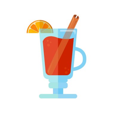 Flat vector illustration of mulled wine with cinnamon stick and citrus fruit isolated on a white background. Traditional alcoholic beverage during winter. Popular hot Christmas drink