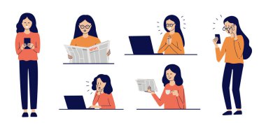 İnsanlar haberleri izliyor, arkadaşlarıyla sohbet ediyor, e-postaları kontrol ediyor. Kızlar mesaj yazar, gazete okur, internette sörf yapar. Akıllı telefonu, bilgisayarı, aletleri olan kadınlar. İletişim, kitle iletişim araçları. Modern vektör kümesi