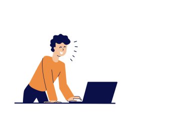 Mutlu gülümseyen genç adam haberleri izliyor. Sosyal ağ. Dizüstü bilgisayarla çalışıyorum. Web sitesi şablon tasarımı. Web sitesi ve mobil web sitesi geliştirme için web sayfası tasarımının modern vektör illüstrasyon kavramı.