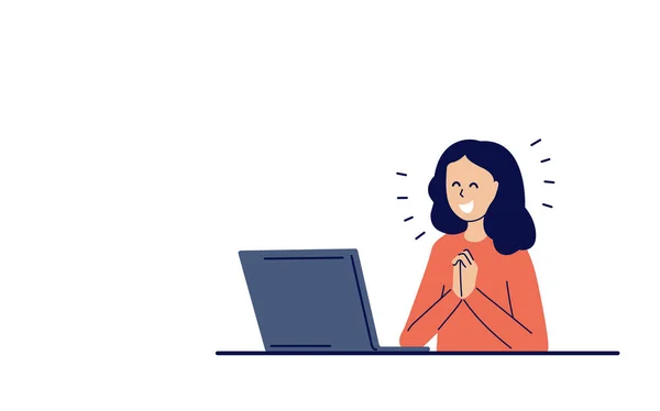 Mutlu gülümseyen genç kadın, haberleri izleyen kız. Sosyal ağ. Dizüstü bilgisayarla çalışıyorum. Web sitesi şablon tasarımı. Web sayfasının modern vektör illüstrasyon konsepti. Web sitesi ve mobil uygulama geliştirme.