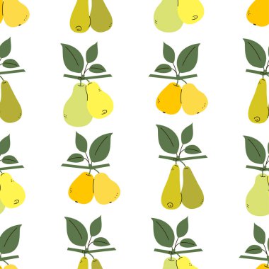 Sarı, yeşil, turuncu armutlu uçsuz bucaksız doku. Beyaz yapraklı armut dalları. Olumlu meyve yaz baskısı. Düz çizgi film tarzında vektörsüz desen. Arkaplan, duvar kağıdı