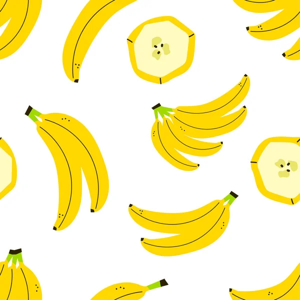 Impresión positiva de verano de frutas con racimo de plátanos aislados sobre fondo blanco. Patrón sin costura vectorial, textura sin fin en estilo de dibujos animados planos. Adorno exótico, fondo de pantalla tropical. Rodajas de plátano . — Vector de stock