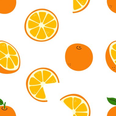 Citrus meyvesi. Portakallar. Portakallı, yarım ve dilimlenmiş. C vitamini. Beyaz üzerine izole edilmiş sıcak renklerde elementler içeren kusursuz bir şekil. Bitmek bilmeyen doku, düz çizgi film tarzında pozitif baskı.