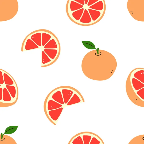 Frutas cítricas. Toranja inteira e cortada, metade e partes. Vitamina C. Padrão sem costura vetorial com elementos em cores quentes isolados em branco. Textura sem fim, impressão positiva em estilo de desenho plano — Vetor de Stock