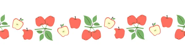 Borde sin costuras positivo con manzanas rojas. Conjunto de frutas vectoriales aisladas sobre fondo blanco. Patrón. Adorno sin fin. Plantilla de diseño Ilustración moderna en estilo plano de dibujos animados. Imprimir, fondo de pantalla — Vector de stock