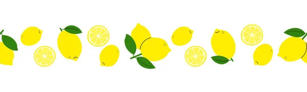 Lemon. Modern seamless border with positive lemons isolated on white background. Set of vector elements. Line pattern. Endless ornament. Design template. Edge decor in flat cartoon style. Citrus fruit — Stock Vector