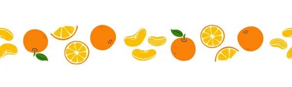 Apelsin. Positiv sömlös gräns med apelsiner isolerade på vit bakgrund. Uppsättning vektorelement. Linjemönster. Oändlig prydnad. Mall för utformning. Kant inredning i platt tecknad stil. Citrusfrukter — Stock vektor