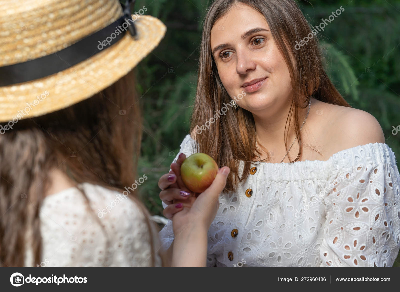 Mom And Daughter On Picnic Daughter Is Giving The Apple To Mother