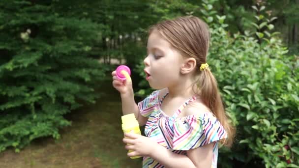 かわいい女の子は夏の日に石鹸の泡を吹いています — ストック動画